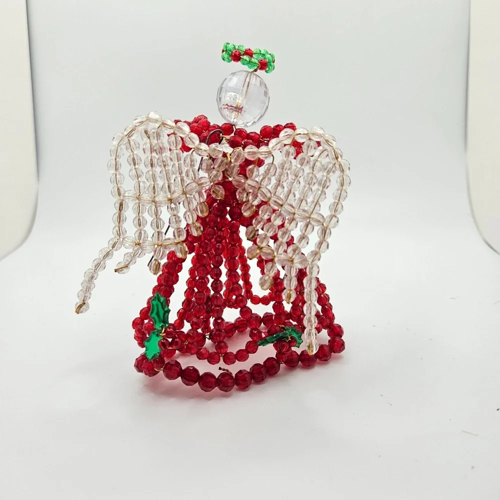 Vintage Handmade‎ Beaded Christmas Angel Figurine Red/Clear Beads Holly Accents